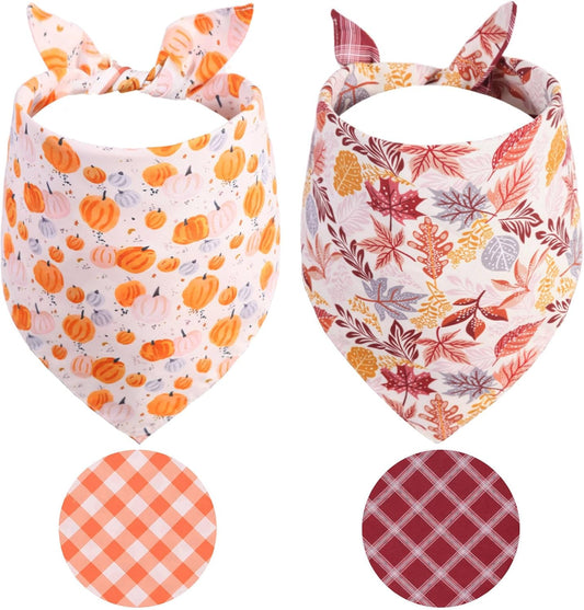 Fall Dog Bandanas 2PCS Large, Thanksgiving Pumpkin Leaf Scarf