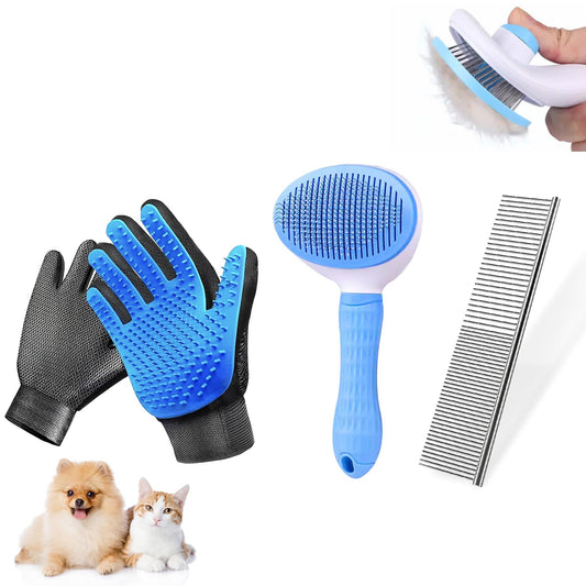 FOR-HI Dog & Cat Brush,Pet Grooming Kit 4PCS- Dog Brush for Shedding| A Pair Pet Hair Removal Gloves| Metal Comb for dog.Removes Undercoat, Tangled, Dirt and Massages. All hair Types
