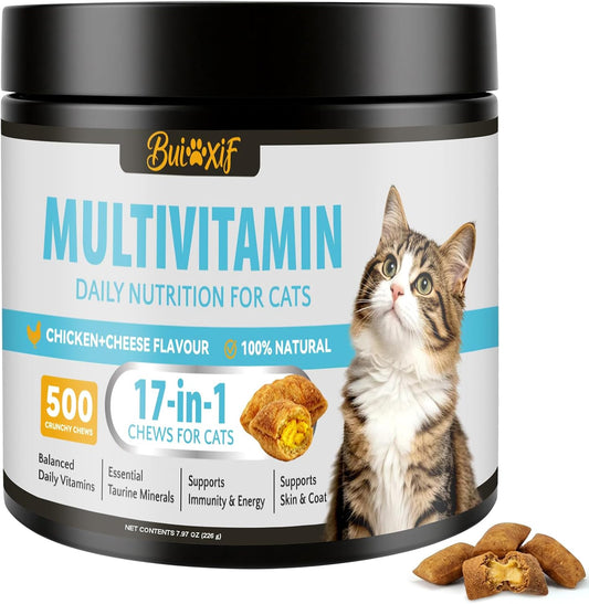 500 Cat Multivitamin Chews – 17-in-1 Daily Cat Vitamins with Taurine for Immune, Digestive, Skin & Coat Support – Chicke