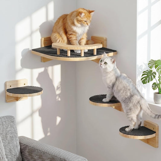 Cat Wall Shelves with 3 Steps, Wooden Cat Wall Furniture up to 15lbs, Floating Stairs for Small/Medium Cats, Kitty Wide Climber Shelf with Cozy Perch for Indoor