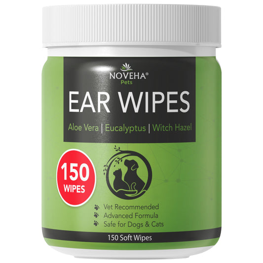 NOVEHA 150PCs Dog Ear Cleaner Wipes, Daily Ear Cleaner for Dogs & Cats - Stop Ear Itching with Aloe, Eucalyptus & Witch Hazel Ear Wipes for Dogs - for Odor Control, Dirt and Wax Removal, Unscented