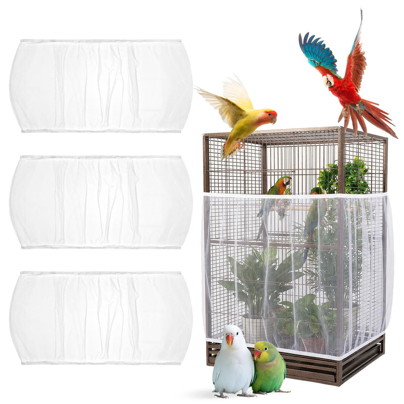 Grevosea 3 Pcs Bird Cage Seed Catcher, Large Bird Cage Cover Stretchy Adjustable Nylon Mesh Birds Cages Net Skirt for Parrot Parakeet Macaw African Round Square Cages Accessories (White)