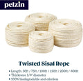 Pelzin Natural Sisal Rope for Cat Scratcher - 1/4 Inch by 50 Feet, Cat Tree Rope Twine for Scratching Post Replacement, Repairing, Recovering and DIY, White