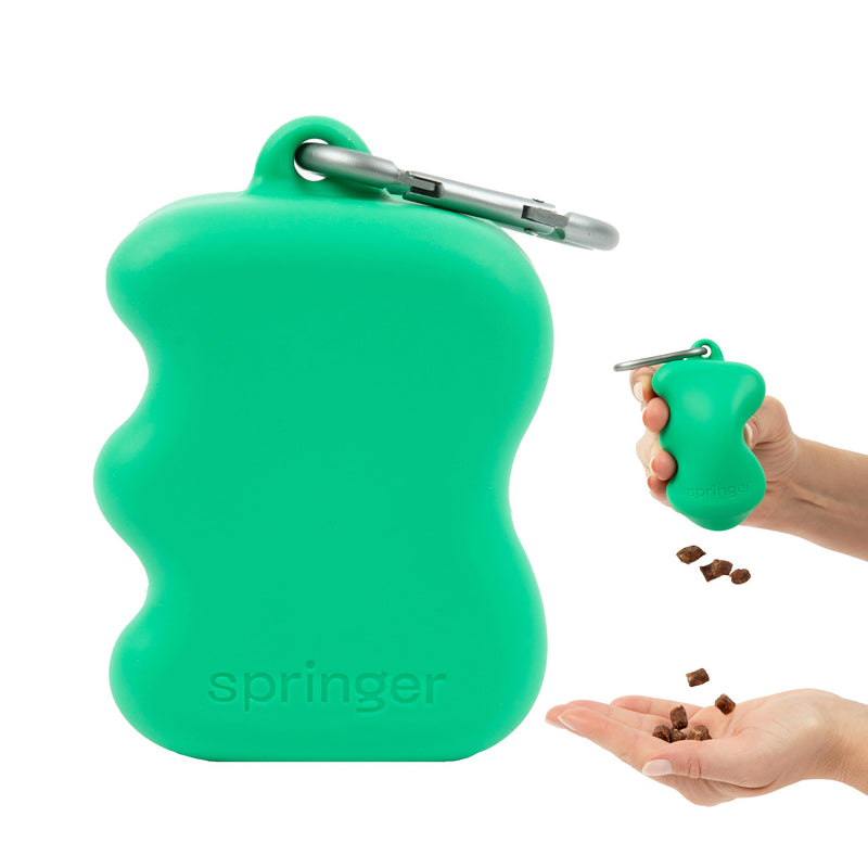 Springer Dog Treat Pouch for Effort-Free Squeeze Dispensing - Easy-Fill, Food-Grade Silicone Treat Pouches for Pet Training - Includes Carabiner-Green