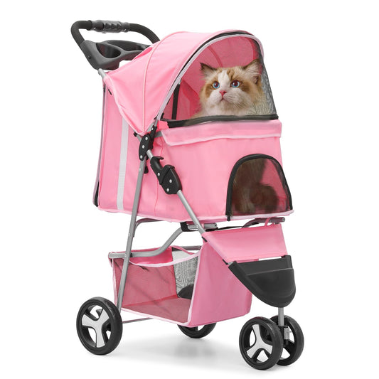 BRIGHTORIA Cat Dog Stroller, 3-Wheels for Medium/Puppy Dogs 30 Lbs, Foldable Pets Stroller with Storage Basket and Cup Holder, Breathable Mesh Pink