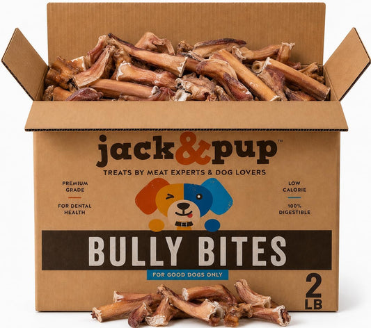 Jack&Pup Bully Bites (2 lb. Bag), Small Bully Sticks for Small Dogs, 1-3 Inch Chews for Puppies, Seniors and Smaller Dogs