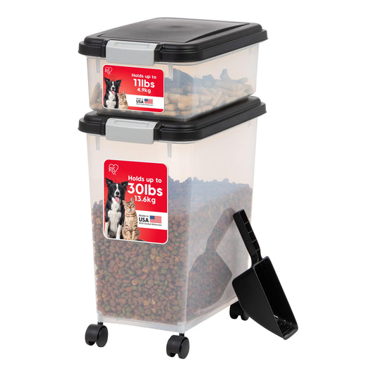 IRIS USA Dog Food Storage Container 30 lb + 11lb Airtight Combo, Stackable Pet Food Storage Bin with Wheels for Cat Dog Food, BPA Free, Made in USA, Black