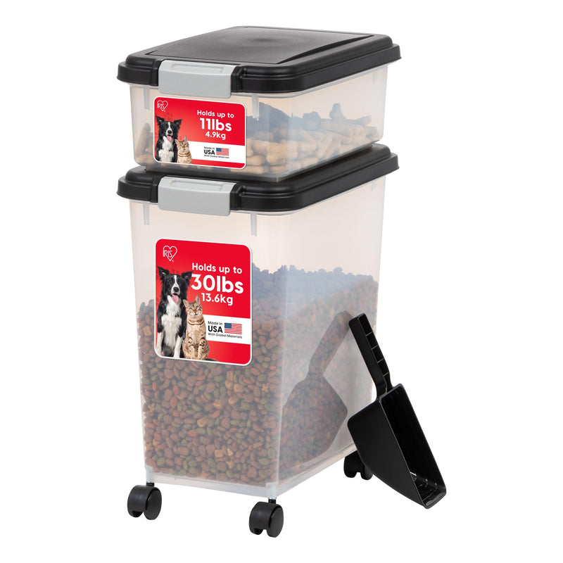 IRIS USA Dog Food Storage Container 30 lb + 11lb Airtight Combo, Stackable Pet Food Storage Bin with Wheels for Cat Dog Food, BPA Free, Made in USA, Black