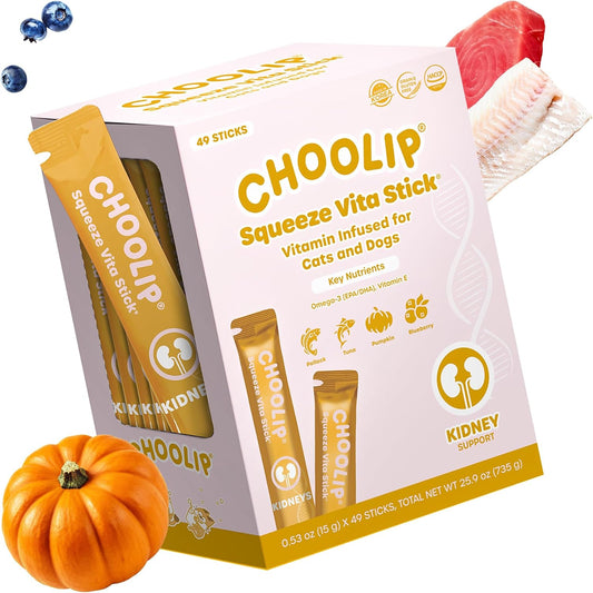 Choolip Squeeze Vita Stick Lickable Cat and Dog Treats, 49-Count Kidney Support Variety Pack, Tuna and Pollack with Pump