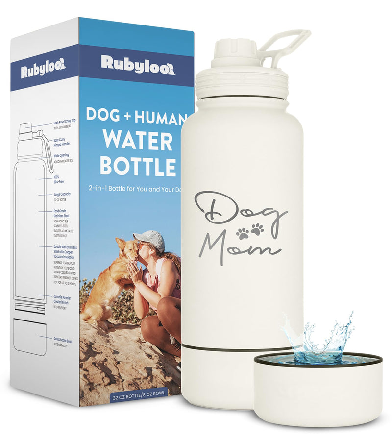 Dog Mom Water Bottle - 32 oz Stainless Steel Double Wall Insulated with 8 oz Detachable Bowl on Bottom - Cool Dog Mom Gifts for Women for Hiking, Walking, Travel and Everyday Adventures - DM Cream