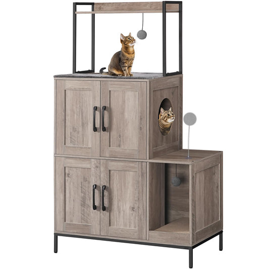 HOOBRO Cat Litter Box Enclosure Furniture, 2 in 1 Hidden Litter Box Furniture with Shelf, Double Litter Box Cabinet with 2 Dangling Plush Balls and 1 Toy Ball, Greige and Black BG78MW01