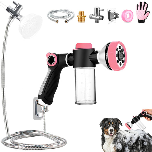 Dog Shower Attachment with 6.6FT Shower Hose, 8 Sprayer Modes Dog Washing Hose Attachment for Bathroom & Bathtub, Outdoor Use Dog Washing Kit with Pet Grooming Glove Shampoo Dispenser and Holder