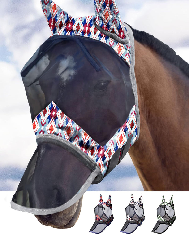 Harrison Howard LumiVista Horse Fly Mask Long Nose with Ears UV Protection for Horse Tribal Rhombus M Cob