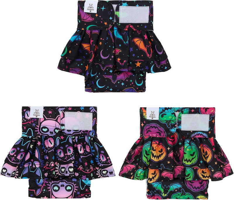 CuteBone Female Dog Diapers Halloween with Skirts 3 Pack Reusable Puppy Dresses Pants for Heat Cycle Period
