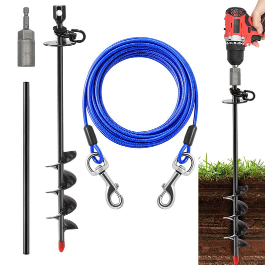 Heavy Duty Dog Tie Out Cable and Stake,30FT Rust Proof Dog Tether Leads for Yard,360°Swivel Spiral Dogs Stake&Chain Up to 200 lbs, Ground Anchor for Outdoor Beach Camping