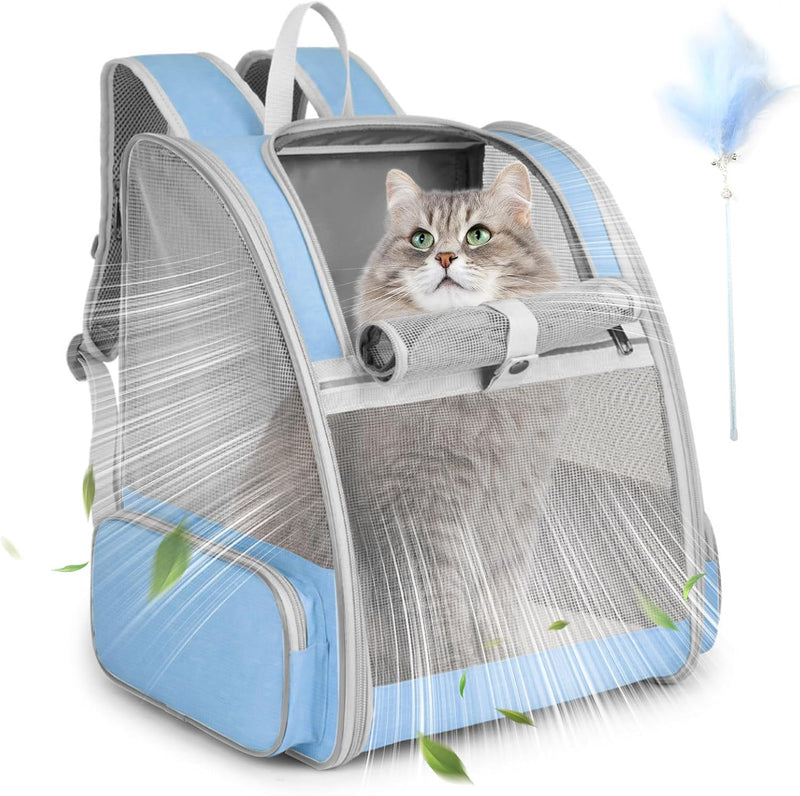 Cat Backpack Carrier, Large Pet Backpack with Kitten Wand Feather Toy for Medium Small Dog Cat Puppy Kitty Bunny up to 15lbs, Ventilated Mesh Dog Travel Carrier for Hiking Walking Outdoor Use (Blue)