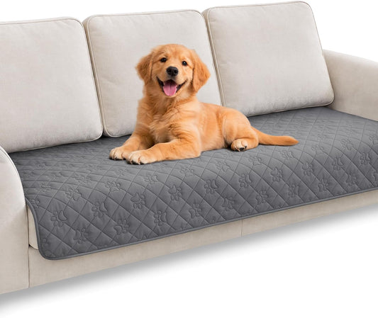PAWFINITY Waterproof Couch Cover for Dogs, Pee Proof Pet Blanket, Paw Print Quilted, Pet Hair Resistant, Scratch-Resistant, Washable Furniture Protector for 2-3 Seat Sofa and Bed, 30x70 Inch, Grey