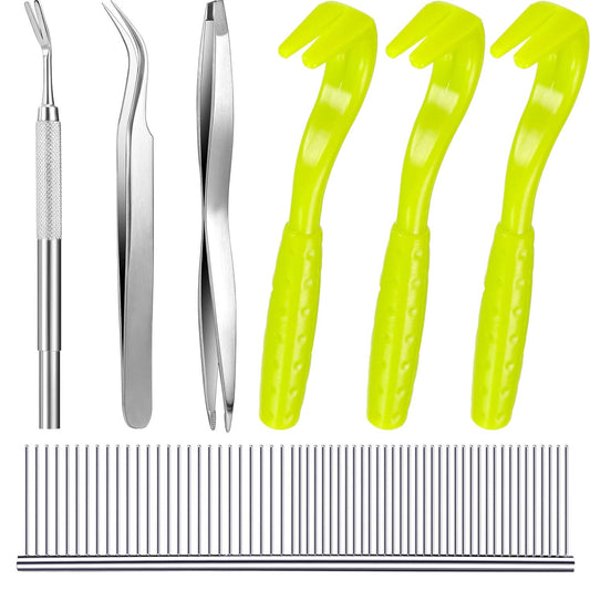 Boao 7 Pcs Tick Removal Tool Kit, Include 3 Plastic Removers, 3 Stainless Steel Tweezers with Comb for Dog and Cats(Fluorescent Green)
