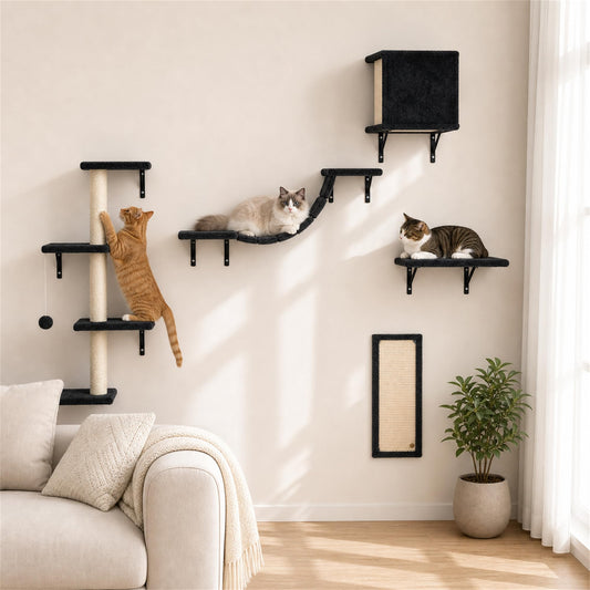 Modern Wall-Mounted Cat Furniture - 5pcs Cat Wall Shelves, Wooden Climber Includes House, Bridge, Tree, Steps, and Scratcher (Black)