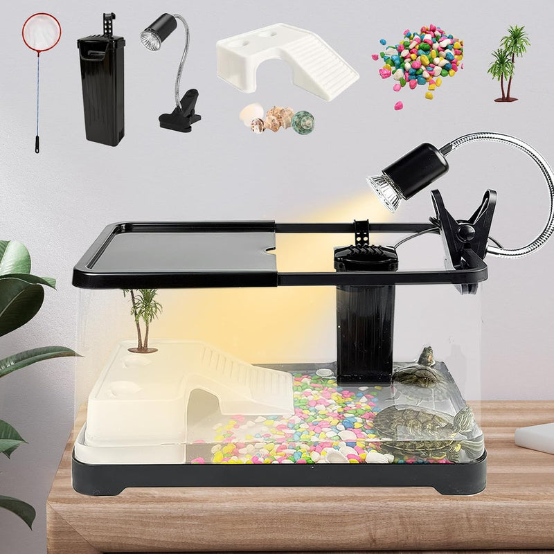 Turtle Tank Starter Kit, Upgraded Aquarium Fish Tank Kit with Filter,Fish Net, Reptile Habitat with Adjustable UV Lamp &