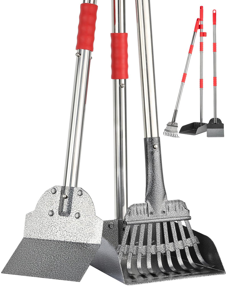 FUSBUNTY Pooper Scooper, Long Handle Dog Pooper Scooper, Heavy Duty Stainless Steel Rake with Tray & Spade Set for Pet Waste Removal, for Grass, Dirt or Gravel