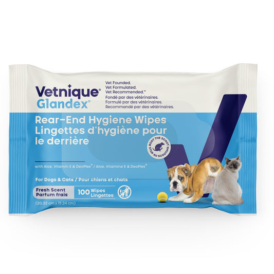 Vetnique Glandex Rear End Wipes for Dogs & Cats, Anal Gland Hygiene & Deodorizing Dog Wipes for Paws and Butt, Boot The Scoot with DeoPlex Enzyme, Aloe & Vitamin E (100ct)