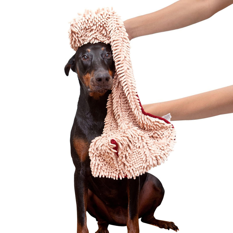 Soggy Doggy Super Shammy Dog Towel – Absorbent Microfiber Chenille Pet Towel for Drying Wet Dogs, Muddy Paws, Quick Dry Dog Shammy with Hand Pockets, Machine Washable – Beige/Red Trim, 31” x 14”