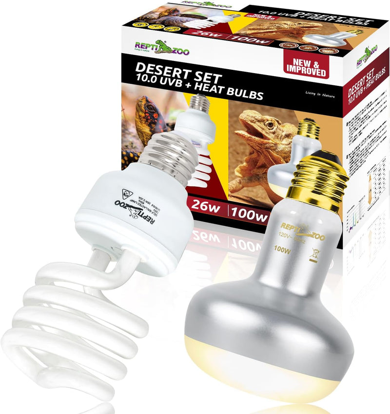 REPTI ZOO Reptile Heat Lamp Bulb and UVB 10.0 Reptile Light Combo Pack, 100W Intense Basking Spot Light UVA Heat Lamp Bu