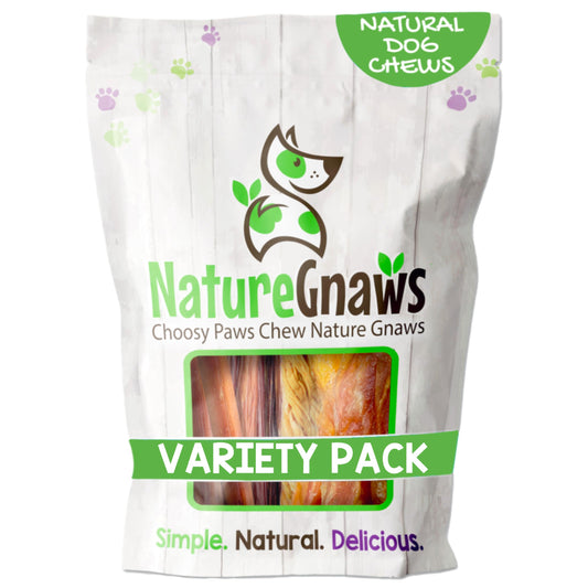 Nature Gnaws Variety Pack for Large Dogs (12 Count) - Bully Sticks, Beef Tendons and Tripe Twists for Dogs - Natural Long Lasting Beef Dog Chew Bones - Rawhide Free