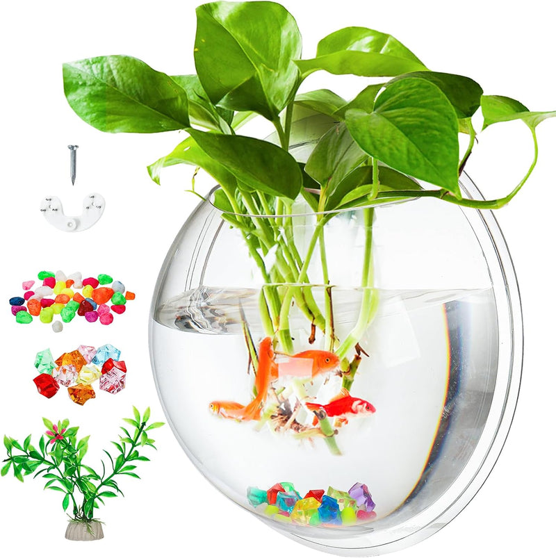 WUWEOT Hanging Fish Bowl, 9'' Acrylic Wall Mounted Fish Tank, 0.5 Gallon Hydroponic Air Plant Flower Pot, Transparency B