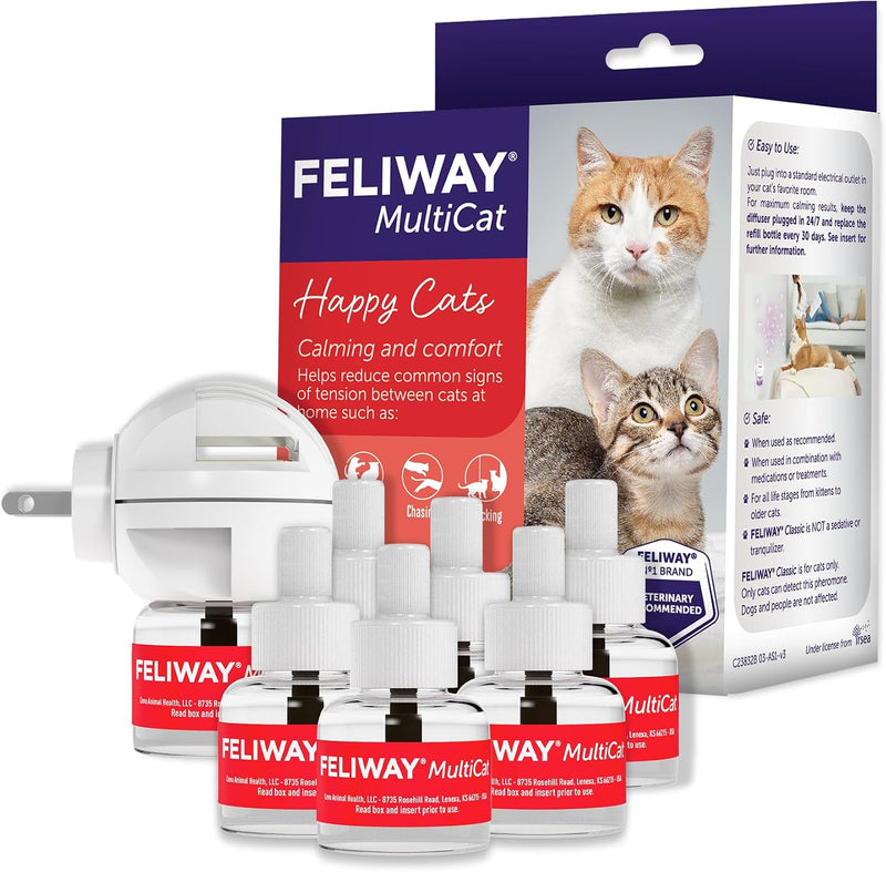 FELIWAY MultiCat Cat Calming Diffuser Kit and 6 Pack Refill – Helps Reduce Fighting, Tension and Aggression Between Cats