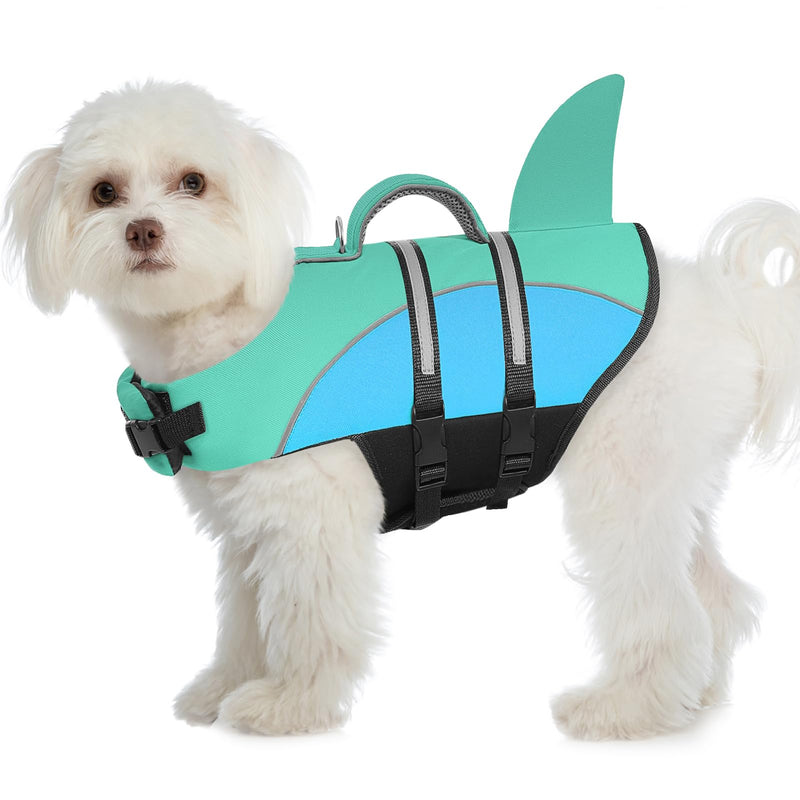 Queenmore XS Dog Life Vest, Extra Small Dog Shark Life Jacket for Swimming Boating in Pool Lake with Rescue Handle, Leash Hook, Reflective Strip