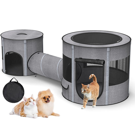 Portable Cat Playpen with Tunnel, 3 in 1 Foldable Puppy Play Pen, Waterproof Bottom, Enclosed 2-Room Separable Pet Tent for Indoor/Outdoor, Multi-Purpose Enclosure Crate Cage for Kitten Dog Rabbit