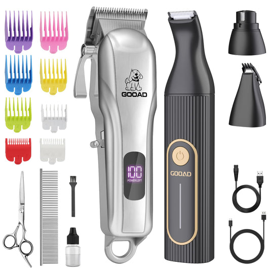 Gooad Dog Clippers for Grooming,Dog Grooming Kit for Heavy Thick Hair&Coats/Low Noise Rechargeable Cordless Pet Shaver with Paw Trimmer Nail Grinder/Hair Trimmer for Small & Large Cats