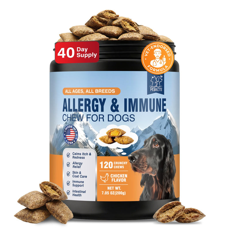 Dog Allergy Chews-120 Crunchy & Creamy Chews, anti-Allergy & Itching Skin Relief Bites Immune Support, with Omega 3 Fish Oil Probiotics for Seasonal All Issues Allergies Made in USA Chicken Flavor