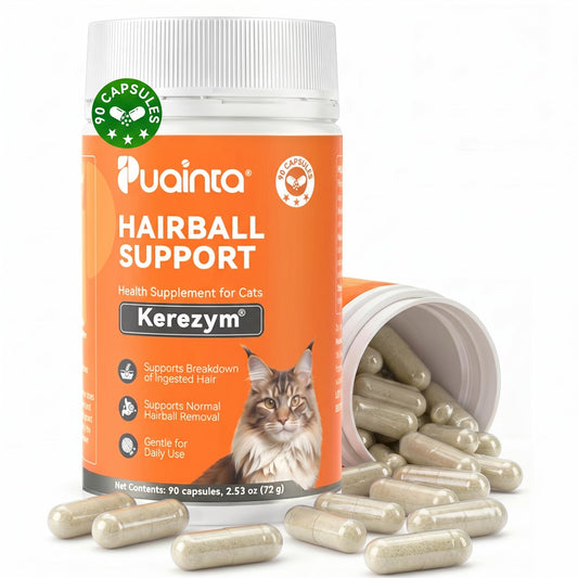 PUAINTA Cat Hairball Control – Alternative to Hairball Gel & Paste, Hairball Remedy for Cats, No Mineral Oil, Easy Capsule Supplement for Hairball Relief, Reduce Shedding, Skin & Coat (90 Count)
