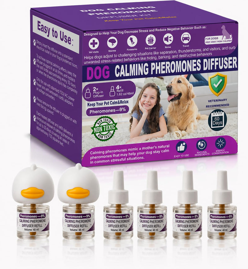 Dog Calming Pheromones Diffuser & 6 in 1 Kit Appeasing Dog Pheromone Diffuser Kit to Calm (2 Plug in+4 x48ml Refill) Calming Diffuser for Dog Reduce Anxiety Fighting Barking Stress 120 Day Supply