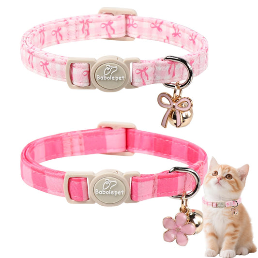 Babole Pet 2 Pack Pink Cat Collars - Spring Summer Breakaway Cat Collar with Bell, Bow and Flower Pendant, Adjustable Kitten Collars for Girl Cats, Cute Pink Plaid &Bow
