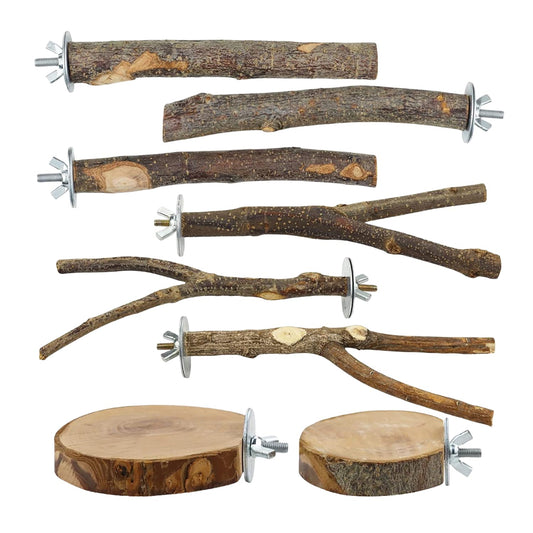 8-Piece Set Natural Wood Bird Perches - Wooden Parrot Stand with Fork Toys, Hanging Multi-Branch Platform, Hammock Swing - Suitable for Parakeets, Budgies - Durable Pet Bird Accessories