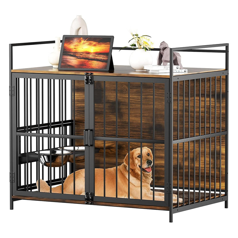 ROOMTEC Furniture Style Large Dog Crate with 360° & Adjustable Raised Feeder for Dogs 2 Stainless Steel Bowls -End Table House Pad, Indoor Use,41
