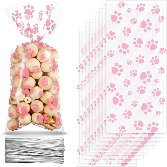 Blulu 100 Pieces Dog Treat Bags Puppy Party Favor Pet Paw Cone Cellophane Bags Candy Heat SealableDog Paw Gift with 100 Pieces Silver Twist Ties for Pet Cat Treat Party Favor(Pink)