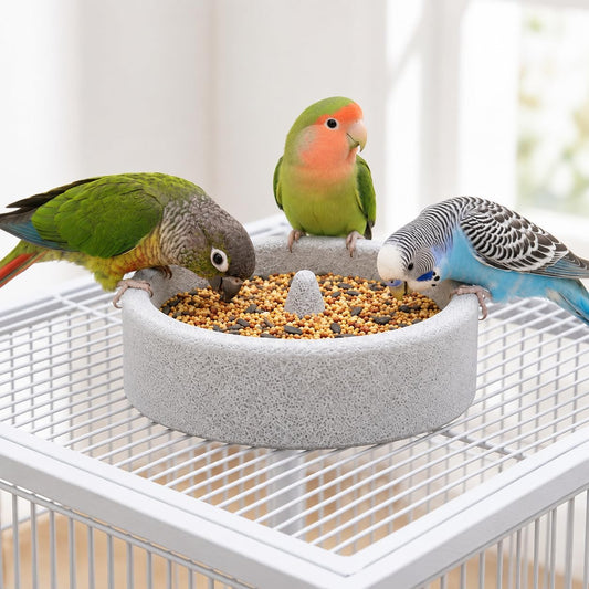 Bird Feeding Bowl with Natural Volcanic Stone, Sturdy Beak Grinding Tray for Cockatiel, Macaw, Budgie, Lovebird and Smal