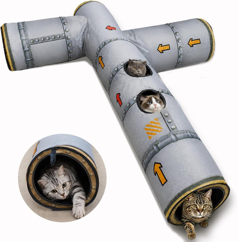 Cat Tunnel with Faux Metal Pipe Print,4-Way Tube for Large Cats, Kittens