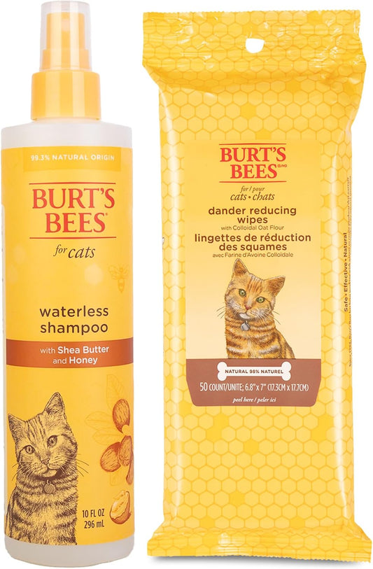 Burt's Bees for Pets Cats Grooming Bundle: Waterless Cat Shampoo with Apple & Honey, Naturally Derived Ingredients, 10oz