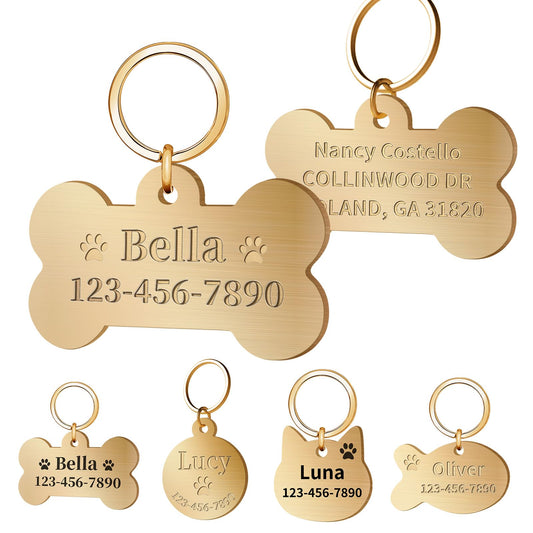 Personalized Dog Tags for Pets, Custom Solid Brass ID Tag for Dogs Cats, Deep Engraved Name Collar Tag, Durable Rust-Resistant (Bone)