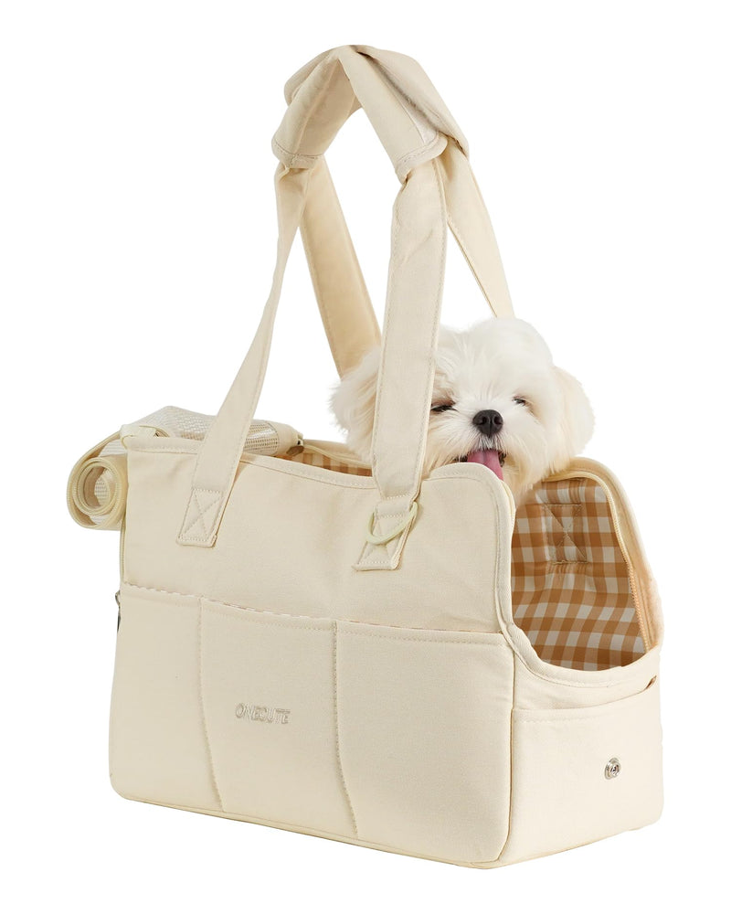 ONECUTE Dog Purse Carrier for Small Dogs Rabbit cat with Large Pockets, Cotton Bag, Dog Carrier Soft Sided, Collapsible Travel Puppy Carrier (Beige, 13.6