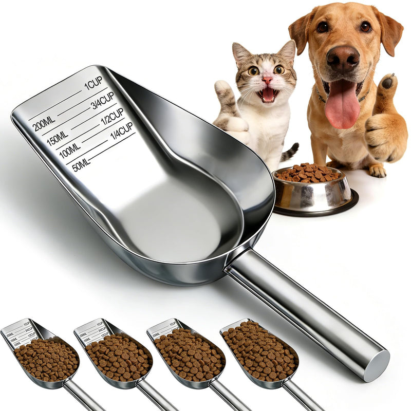 Mity rain Dog Food Scoop Stainless Steel with Long Handle, Precise Dog Food Measuring Cup 1, 3/4, 1/2, 1/4 Cup, Pet Scoop for Dogs, Cats, Rabbits, Animals, Metal Spoon for Dog Food Storage