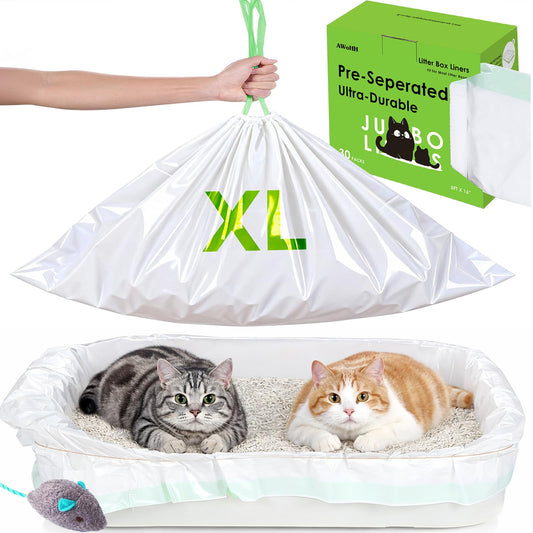 AWoHH Cat Litter Box Liners [30 Count]-Large/Jumbo 37"x16"-Heavy Duty Scratch Resistance Drawstring Litter Bags-Dispenser Box No Tearing Needed-70% Recycled Ocean Plastic