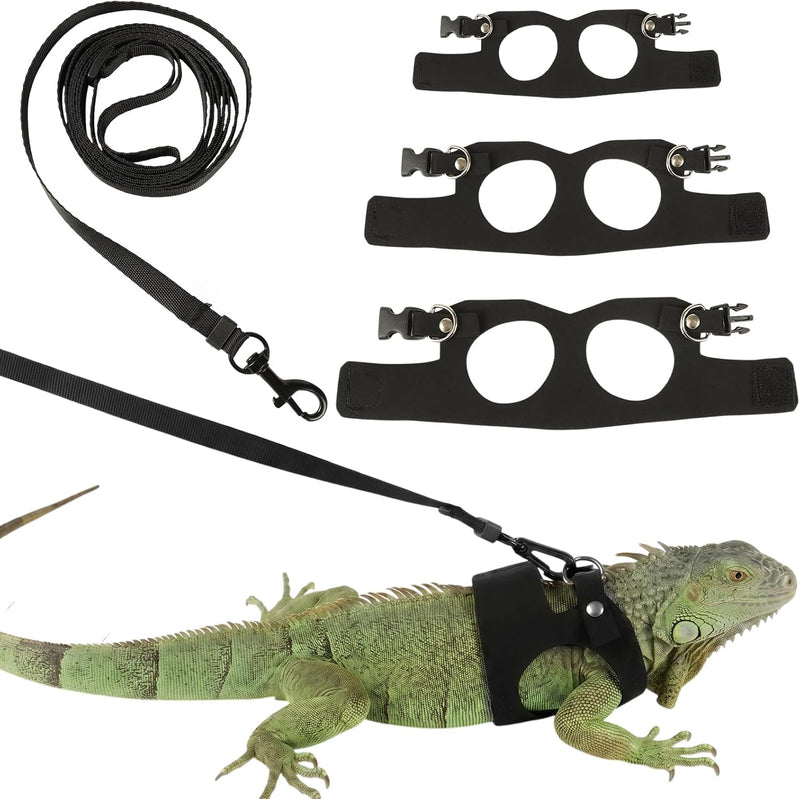 3 Pack Bearded Dragon Harness Leash Set, Adjustable Soft Leather Lizard Harness with Traction Rope, Reptile Training Wal