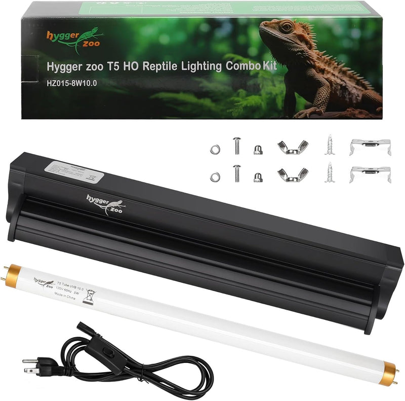 T5 UVB Reptile Light Fixture HO UVB Bulb Lighting Combo Kit, 10.0 UVB Light for Reptiles Terrarium Hood with 8W Reptile 